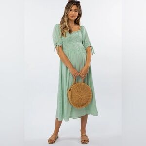 Pink Blush Mint Green Gingham Smocked Maternity Midi Dress size Small